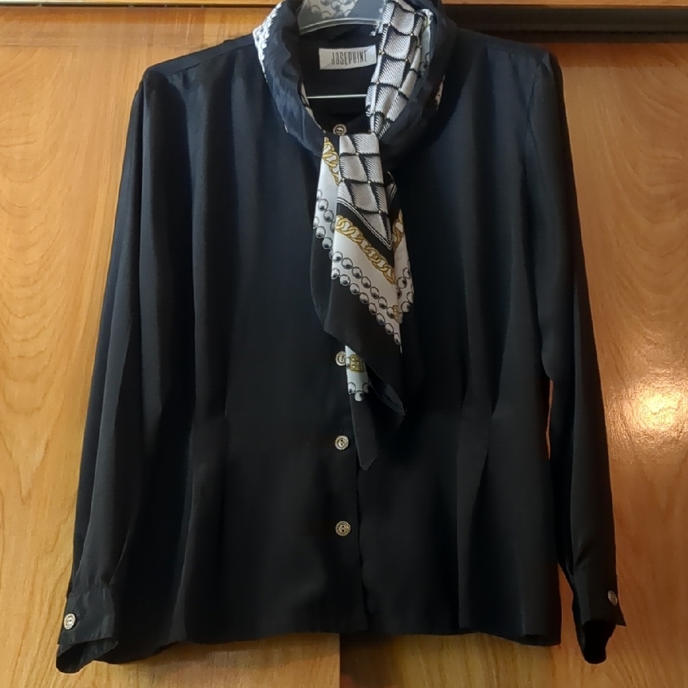 Black Button-Up Fitted Blouse with Scarf